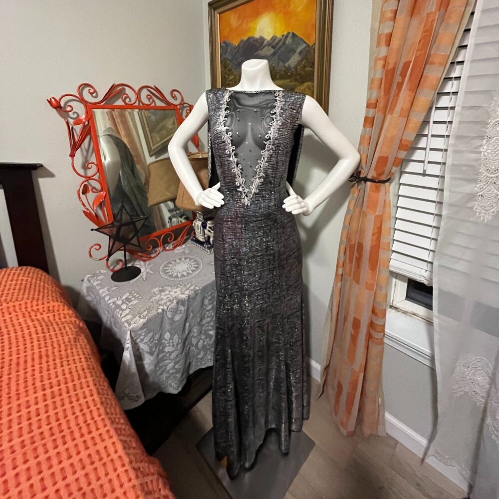 Iridescent Silver Vintage 90's Evening Cape Gown